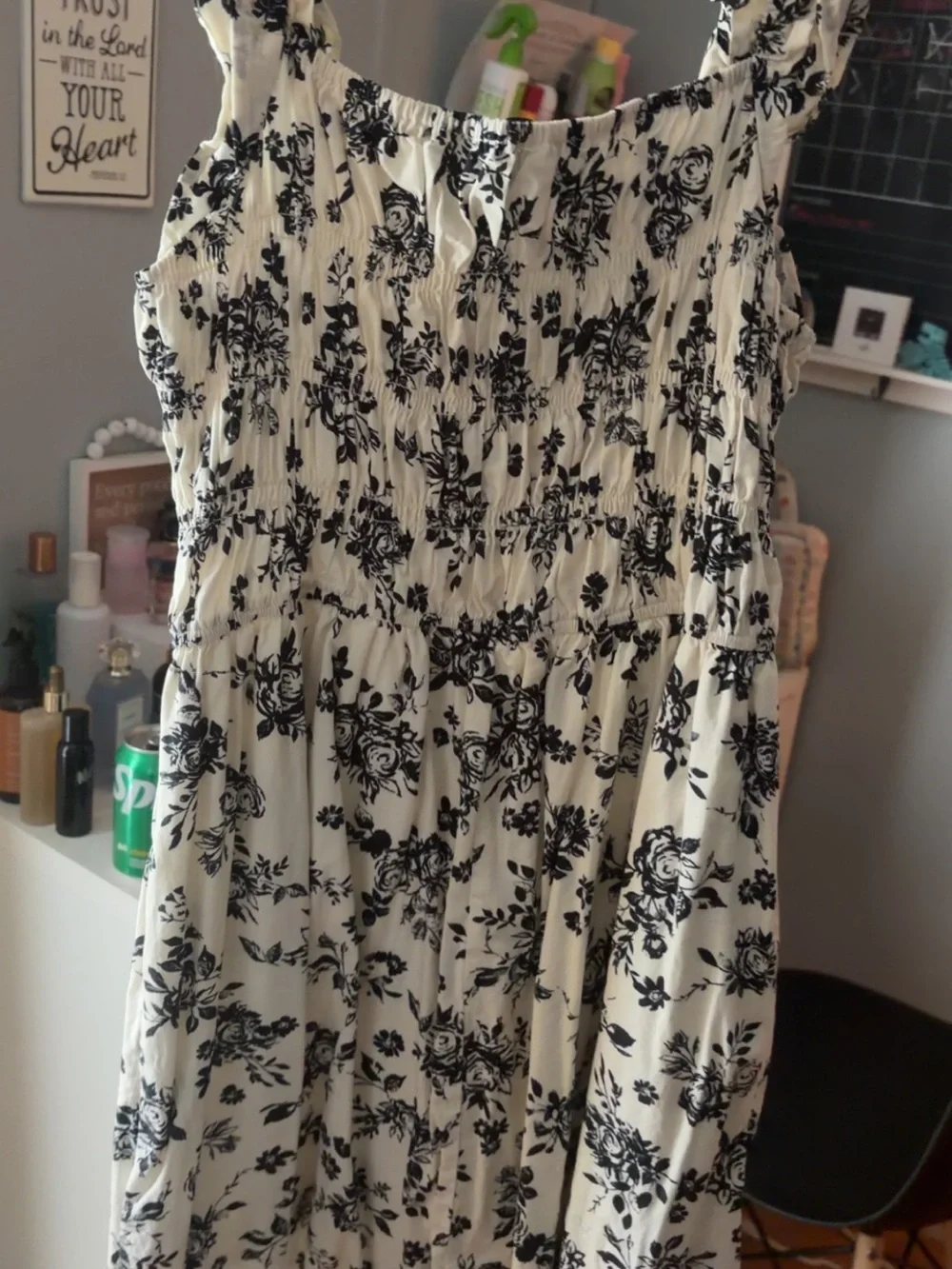 Francesca's Black & Cream Floral Smocked Dress